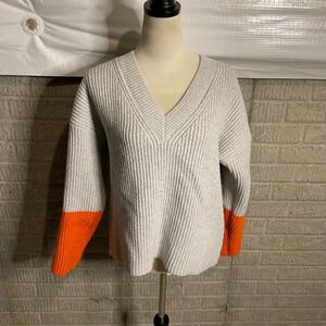 Stitches + Stripes Gray Orange Colorblock V Neck Knit Sweater Womens Size L